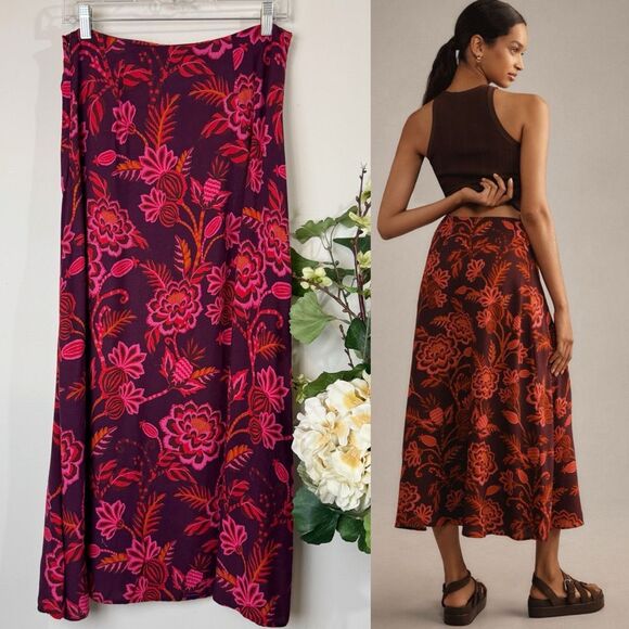 Farm Rio Anthropologie satin-slip midi skirt Floral Burgundy Pink Orange Size M - Picture 5 of 11
